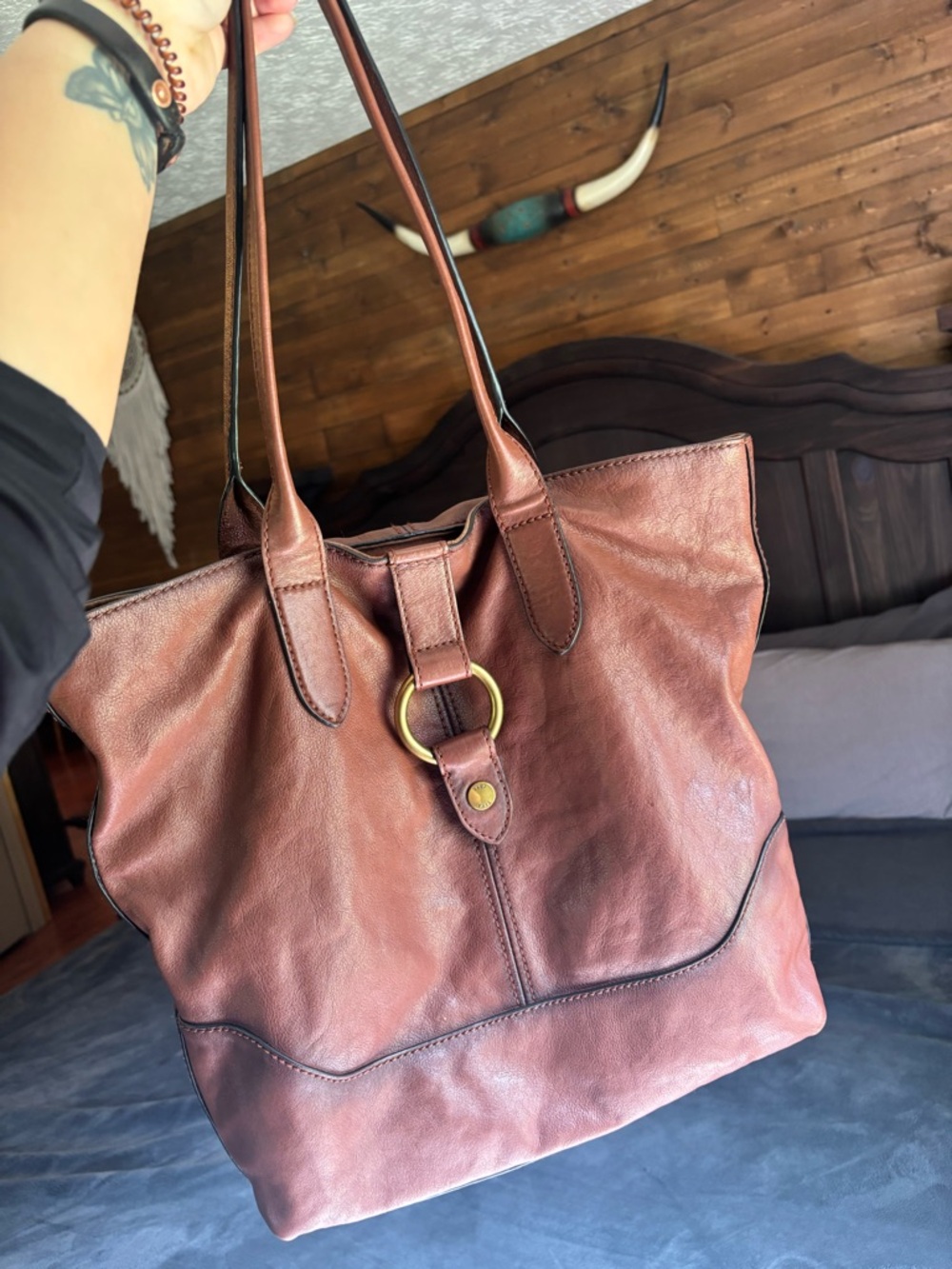 Frye Leather Ring Tote Bag Purse, Cognac, Genuine Leather - Picture 13 of 14